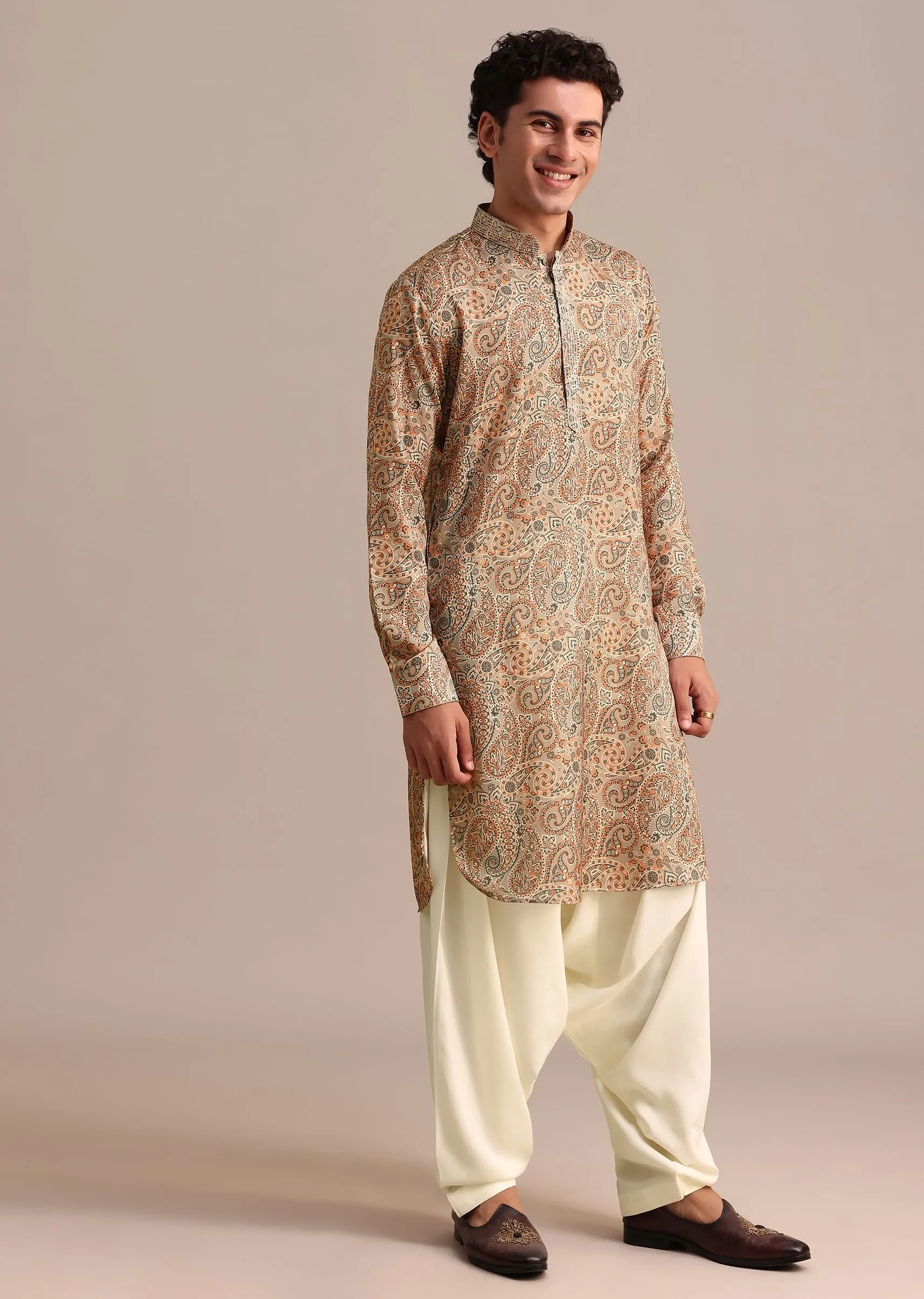 Brown Printed Mens Kurta Patiala Set