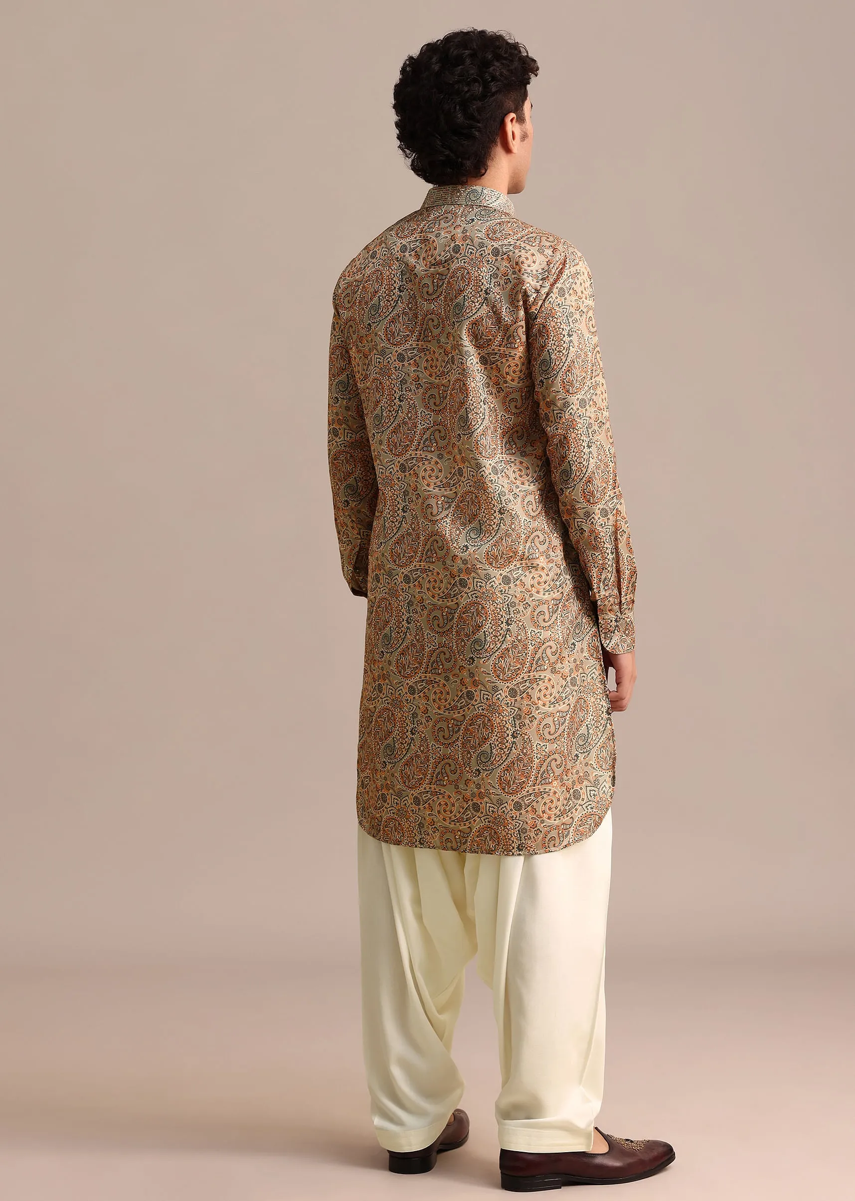 Brown Printed Mens Kurta Patiala Set
