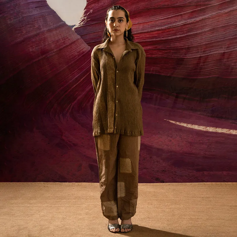 Cotton Co-Ord Set for Women | Mud Brown & Gold | Crinkled Fabric