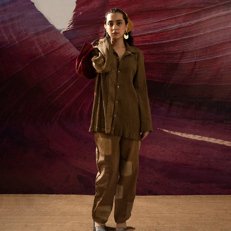Cotton Co-Ord Set for Women | Mud Brown & Gold | Crinkled Fabric