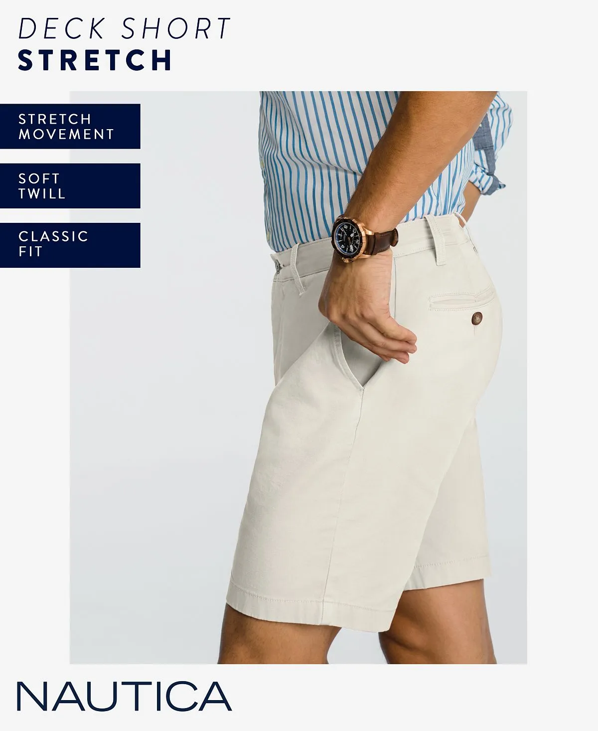 Nautica Men's Stretch Chino Shorts Regular Fit Flat Front (6 Inch)