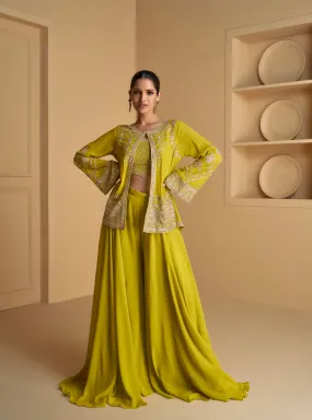 Olive Green Real Georgette Sharara Set with Embroidered Jacket
