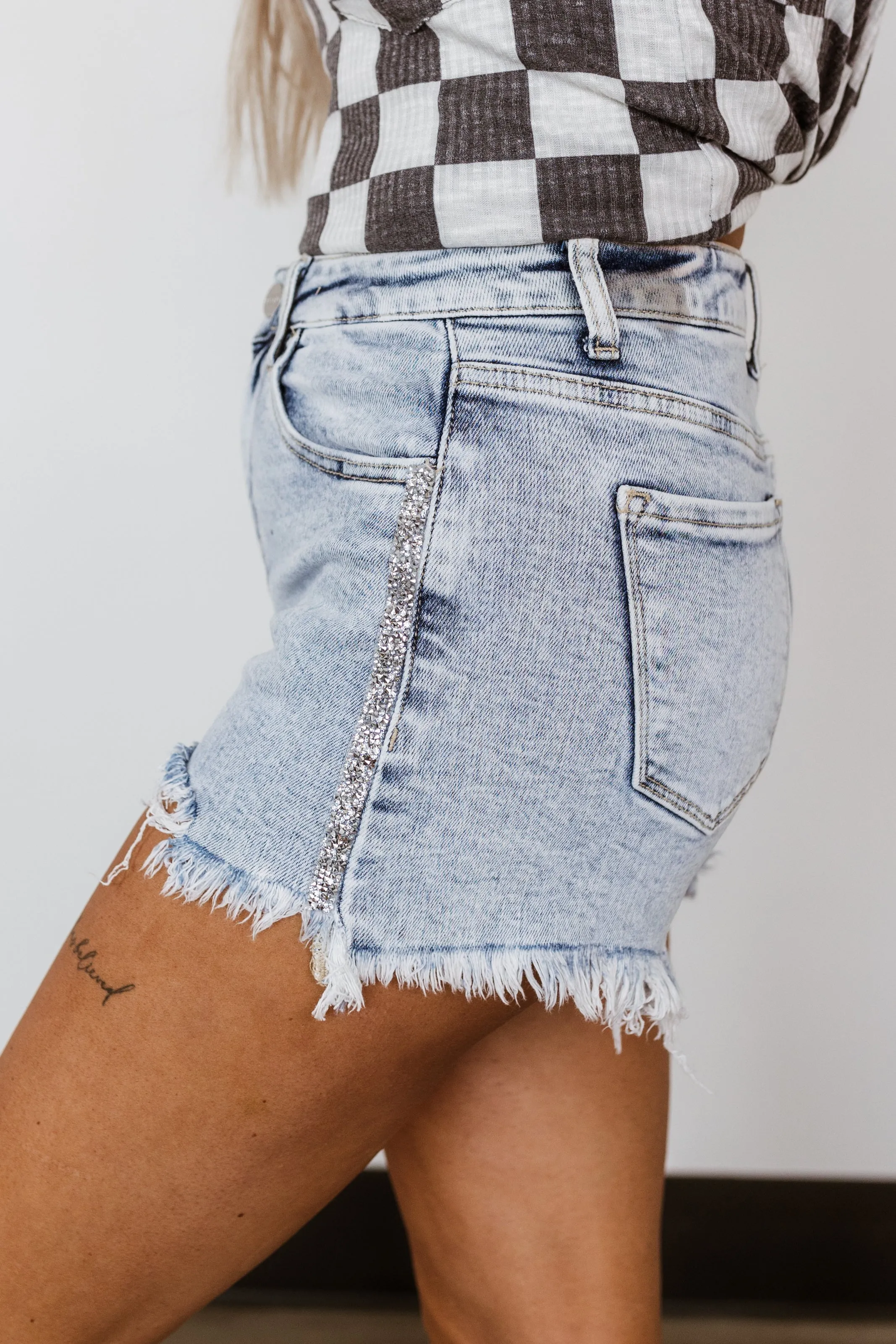 Risen High Rise Rhinestone Detail Shorts